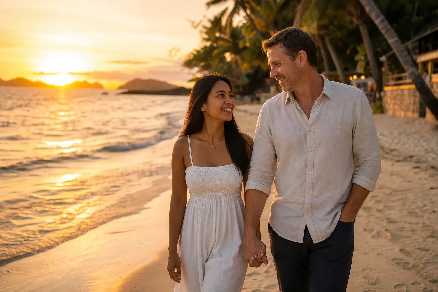 An older man and Filipina partner discussing an age gap relationship respectfully