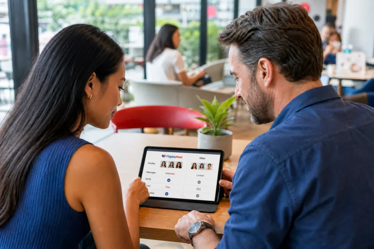 A couple reviewing mobile Filipina dating options on a tablet