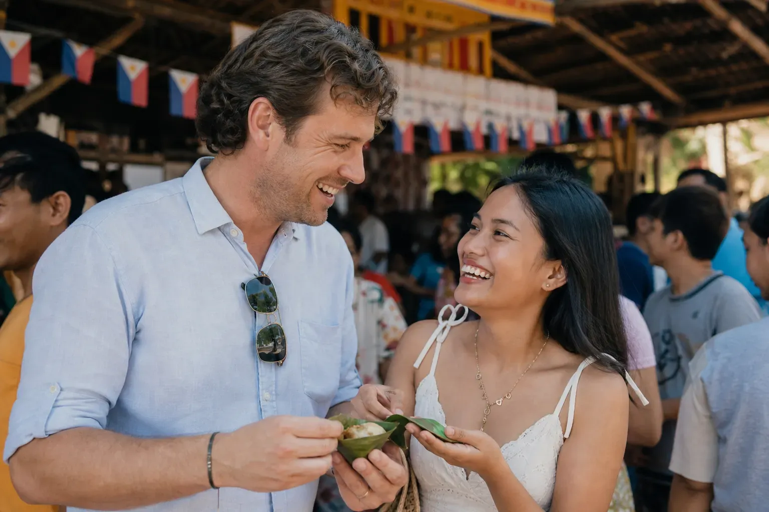 A couple discussing Filipina dating communication style through steady messages and video calls
