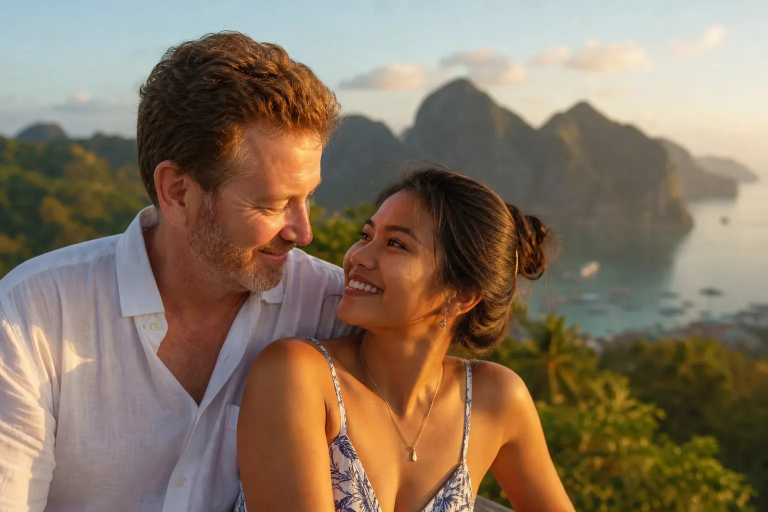 A respectful Filipina dating guide showing a couple building trust through conversation