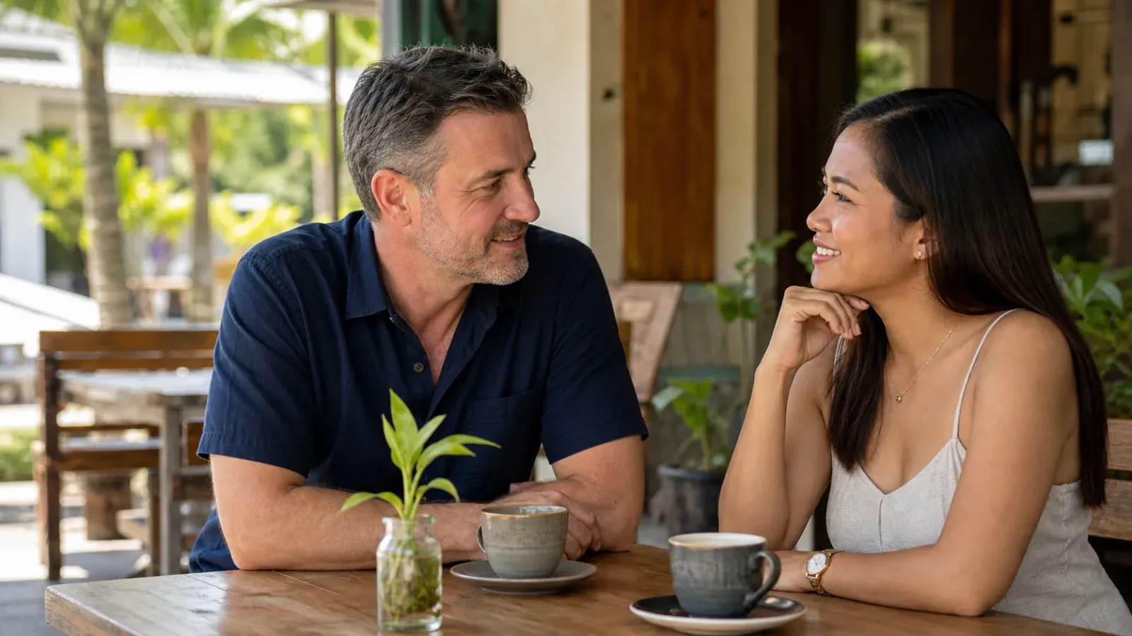 A mature couple smiling during a Filipina dating conversation