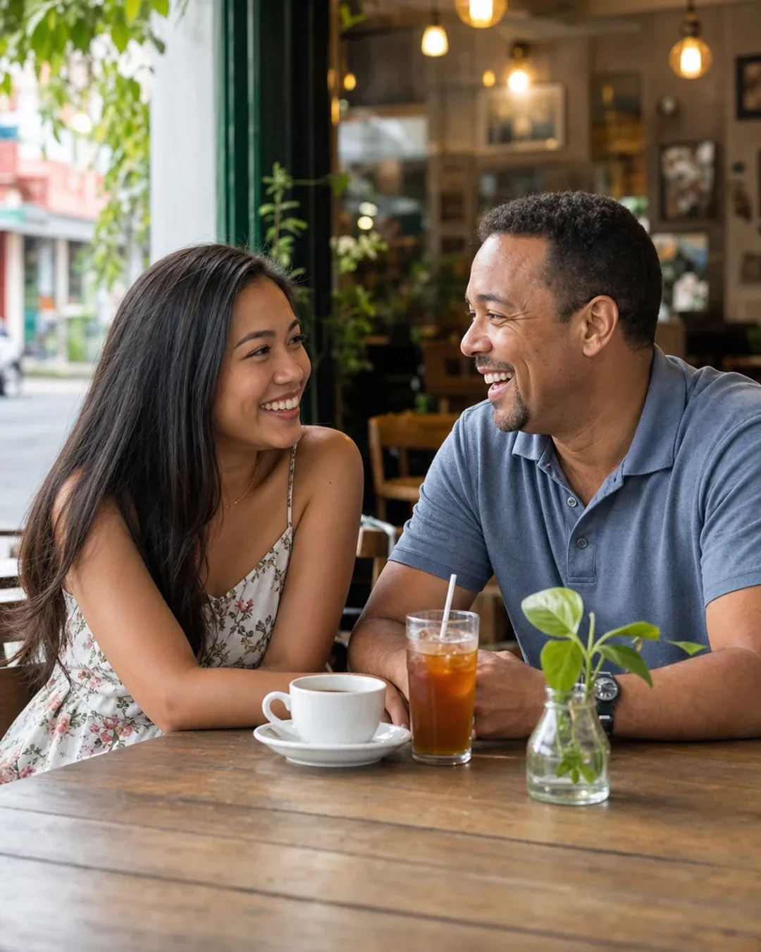 A Filipina woman and Western man smiling during a cafe conversation after meeting online