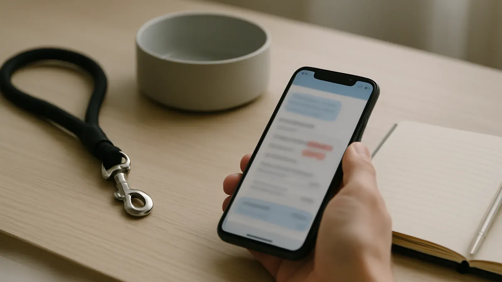 A phone with a blurred pet emergency chat beside a careful checklist on a desk