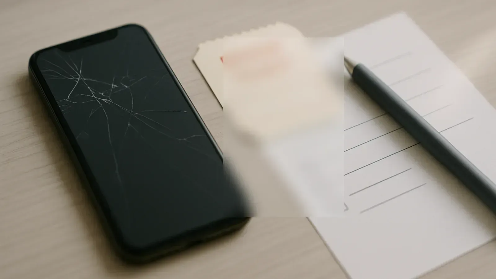 A smartphone on a desk with a blurred repair request message and verification notes