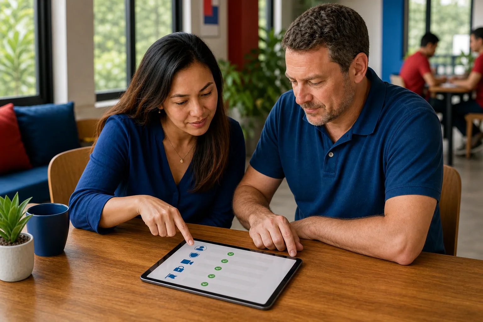Two adults checking identity, video, pricing, and reporting criteria for a safe Filipina dating site