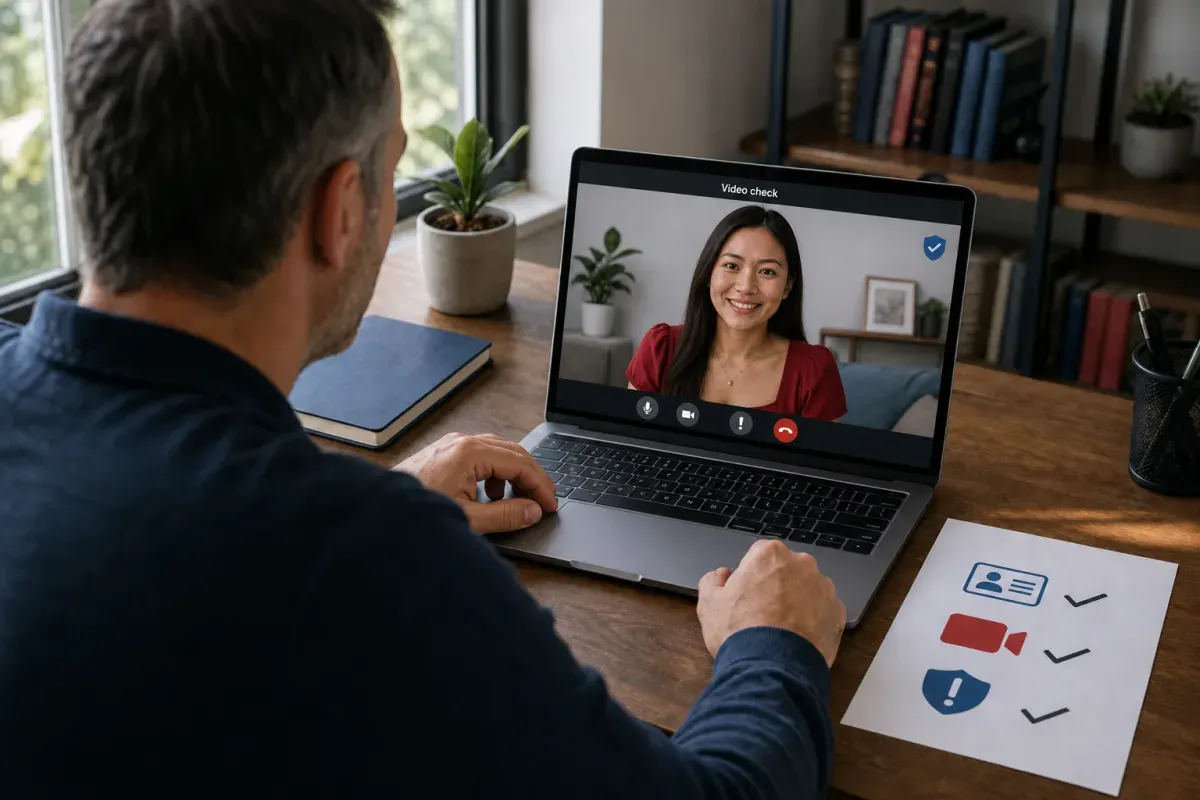 A video call and identity checklist used to evaluate trust on a Filipino dating site
