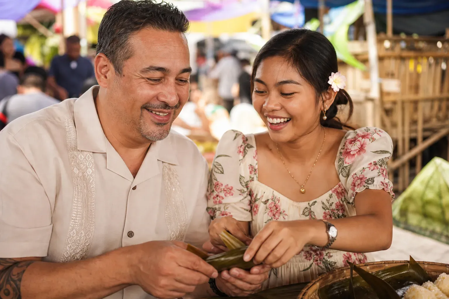 A couple sharing a sweet, giddy kilig moment in a Filipino relationship